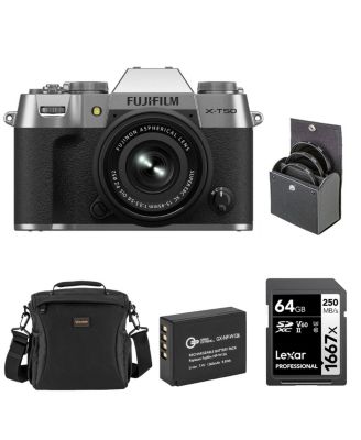Fujifilm X-T50 Mirrorless Camera with XC 15-45mm f/3.5-5.6 OIS PZ Lens, Bundle with Li-Ion Battery, 64GB SDXC Memory Card and 52mm Filter Kit