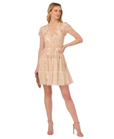 Adrianna Papell Women's V-Neck Beaded Mesh Dress