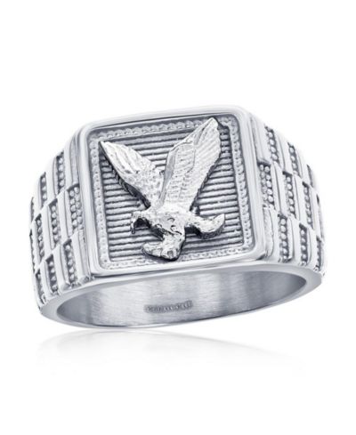 Stainless Steel, Square Textured, Eagle Design Ring