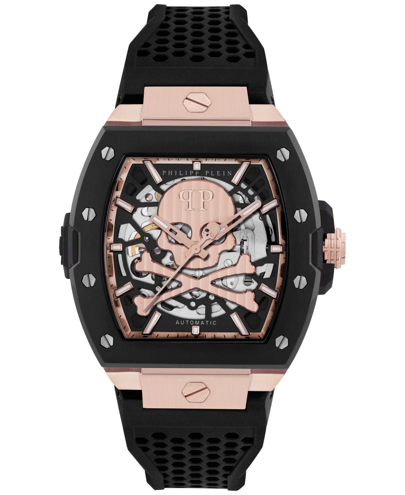 Мужские часы Philipp Plein Automatic The Skeleton 2.0 с черным силиконовым ремешком 44mm