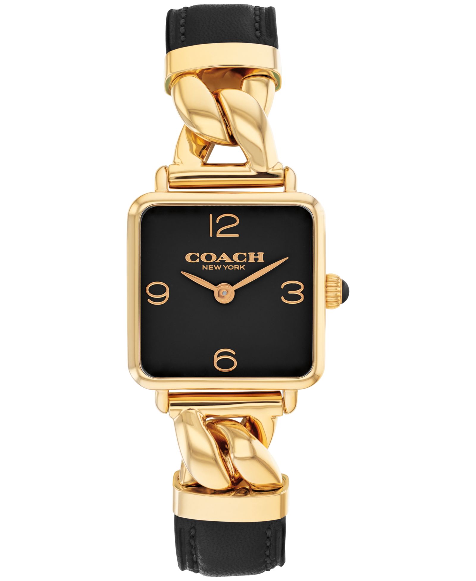 COACH Women's Cass Gold-Tone Stainless Steel and Black Leather Strap Watch, 22mm