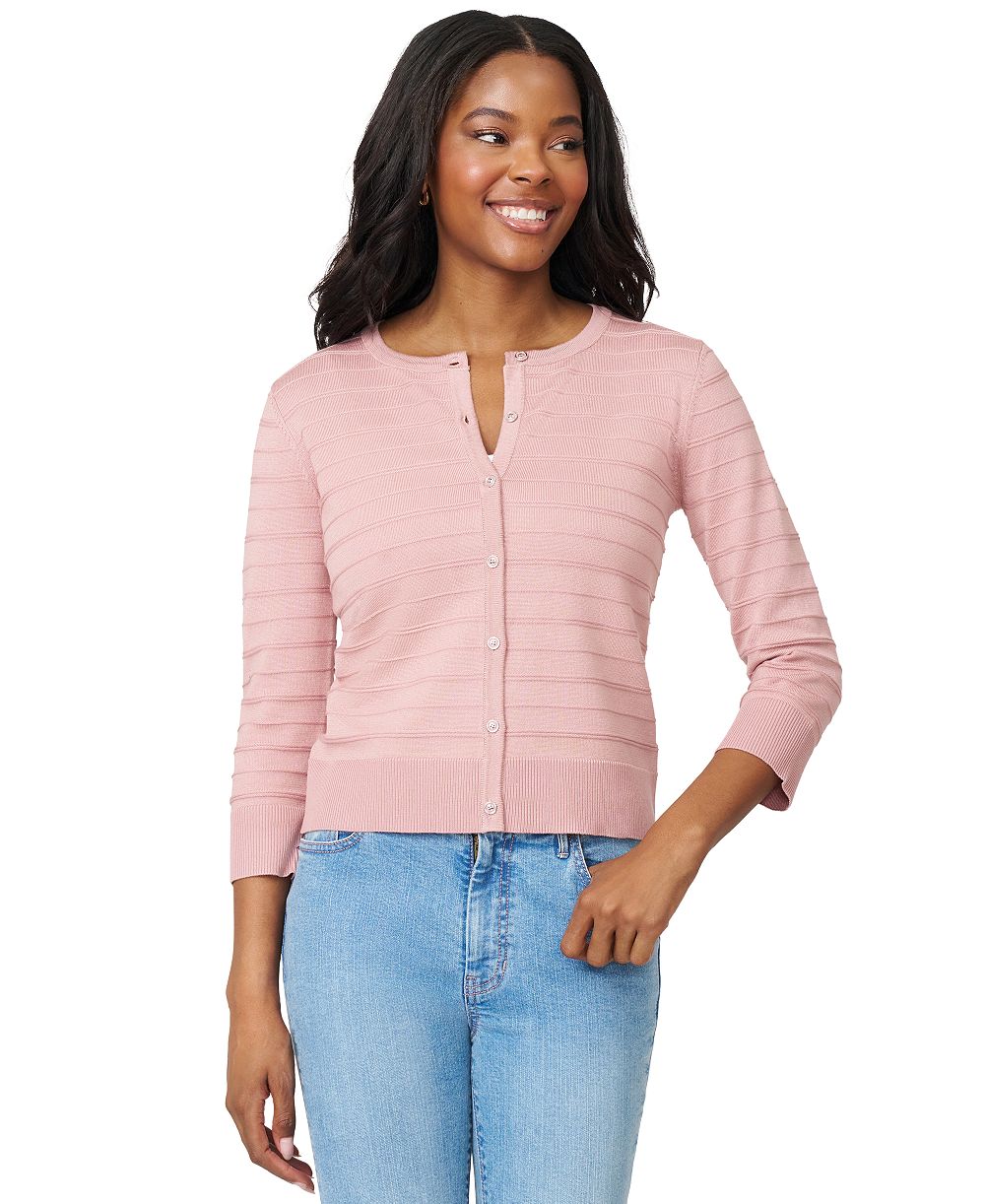 Melissa Paige Petite Ottoman-Rib 3/4-Sleeve Crewneck Cardigan