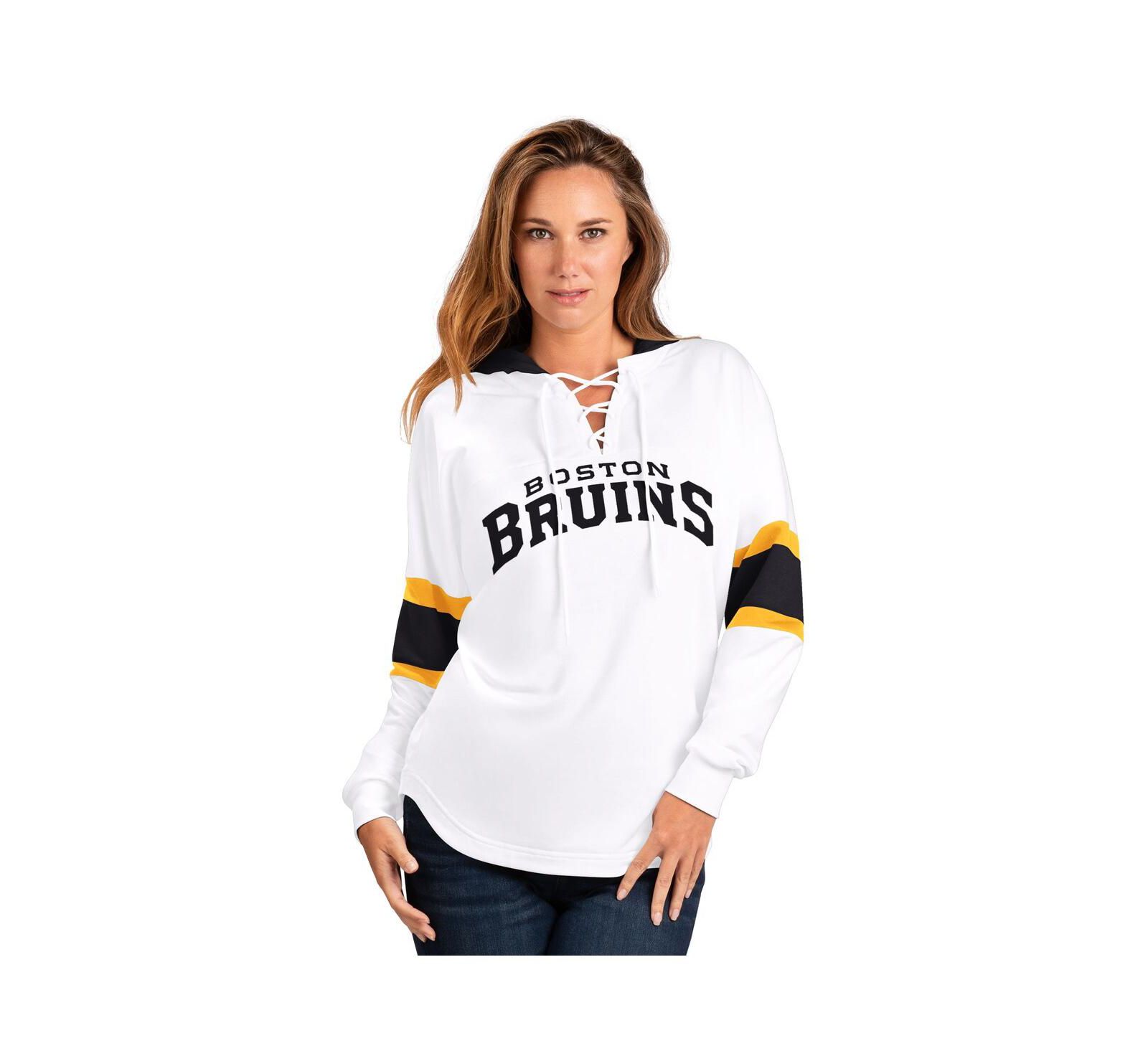 G-III 4Her by Carl Banks Women's White Boston Bruins Goal Zone Long Sleeve Lace-Up Hoodie T-Shirt