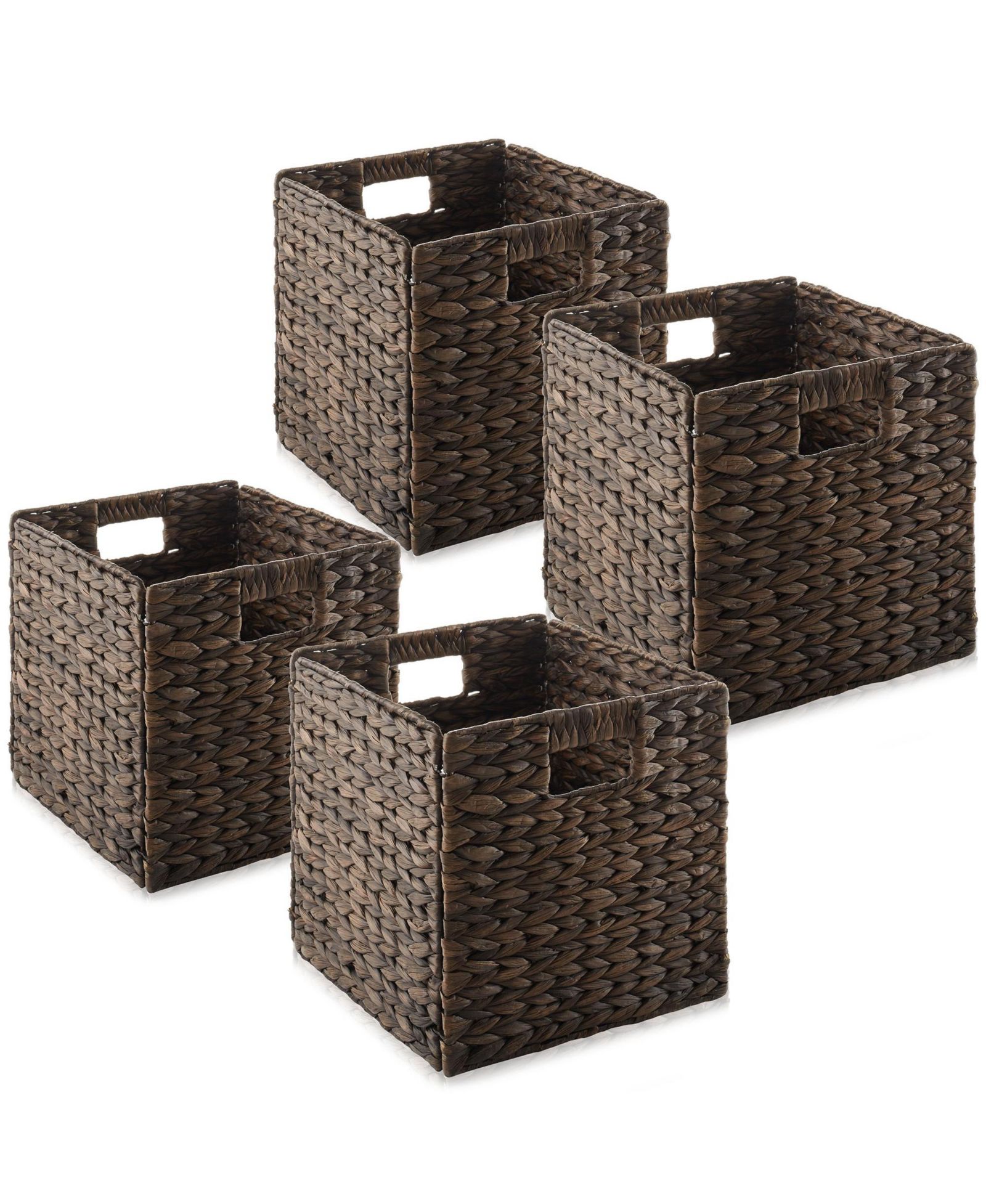 Casafield Water Hyacinth Storage Baskets - Set of 4 Collapsible 10.5" Cube Organizers, Woven Bins for Home Storage, Espresso
