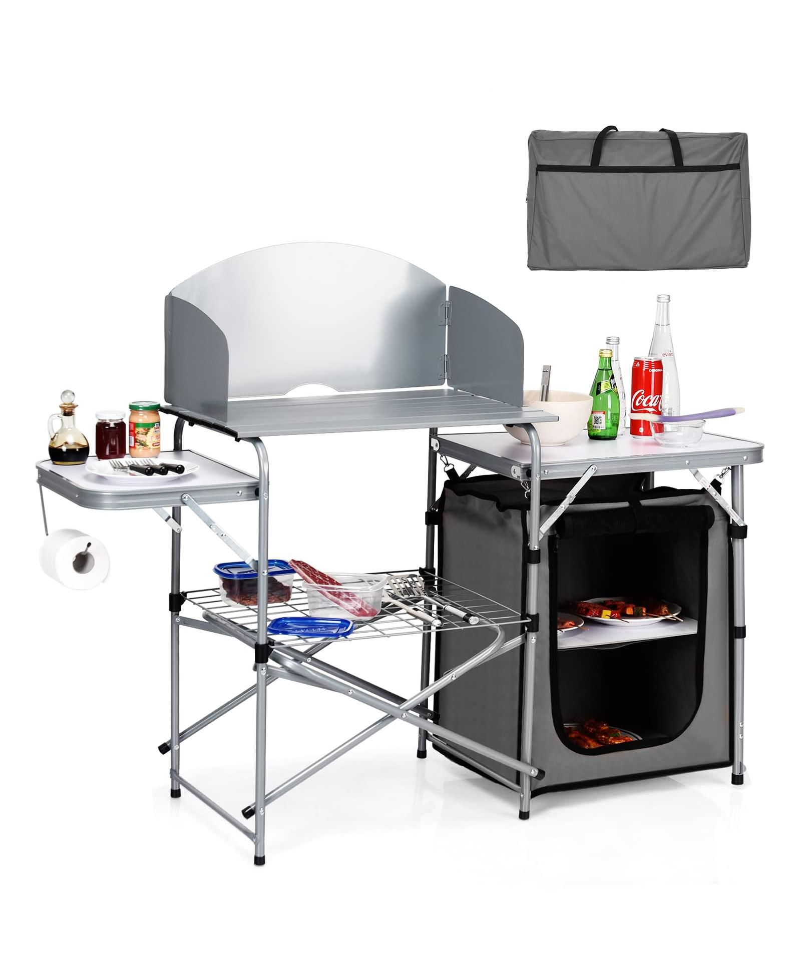 Foldable Outdoor BBQ Portable Grilling Table with Windscreen Bag