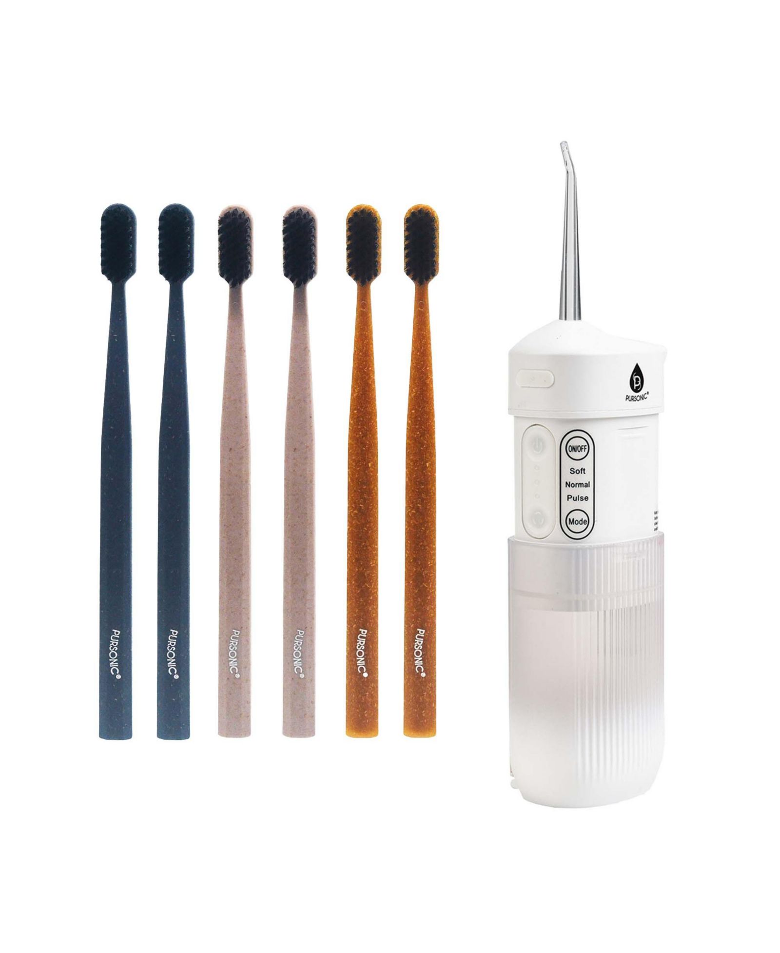 Pursonic Ultimate Oral Care Bundle: USB Rechargeable Collapsible Water Flosser & Wide Brush Head Charcoal Toothbrush