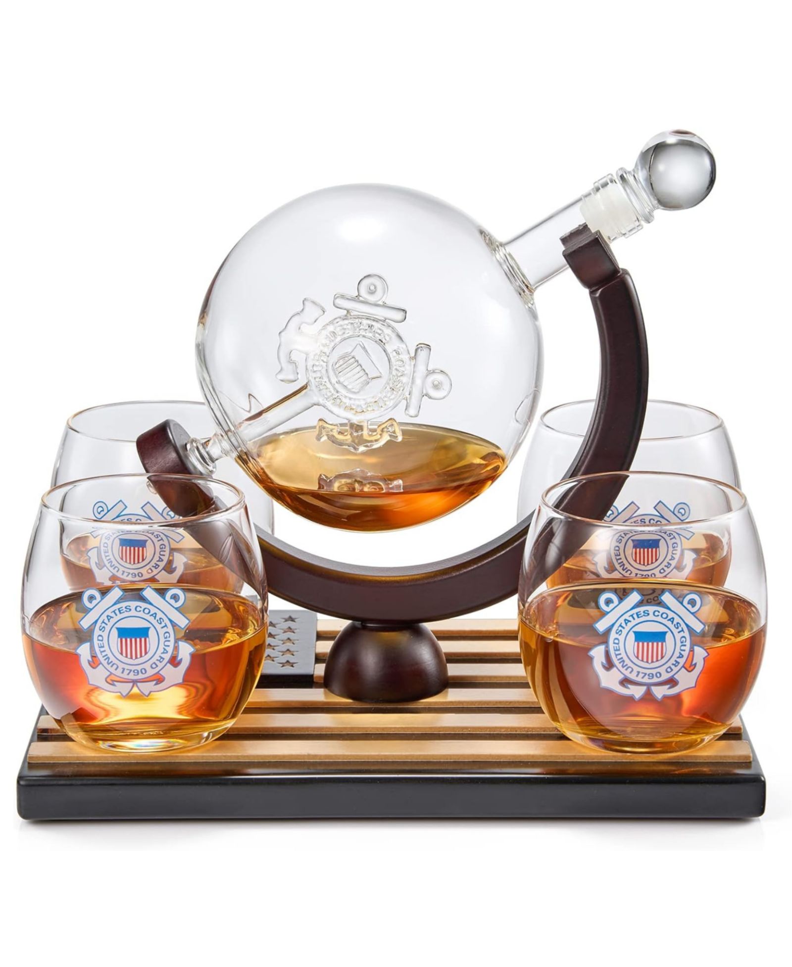 The Wine Savant U.S. Coast Guard Globe Whiskey Decanter Set