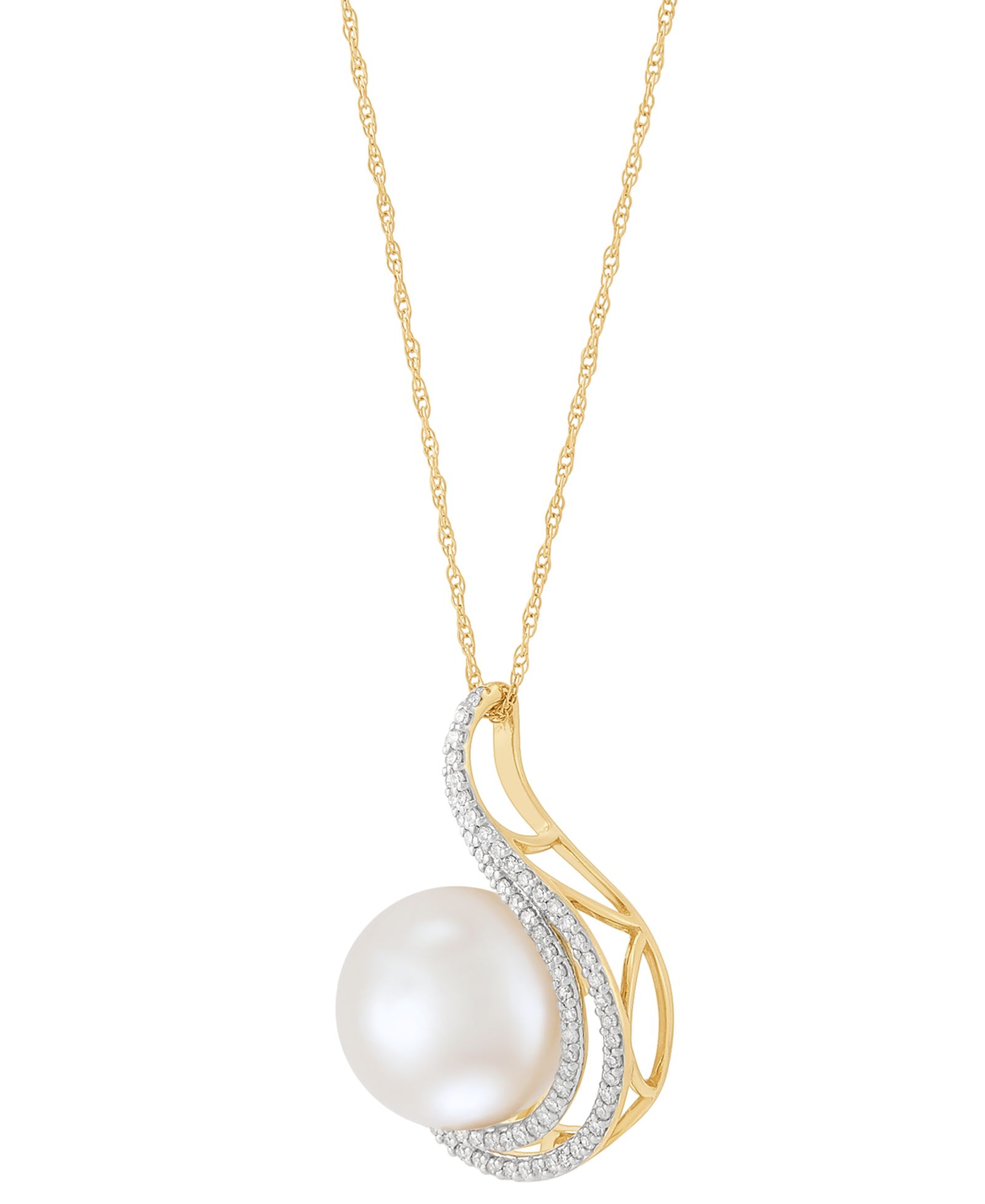 Подвеска Honora Ming Pearl (11mm) & Diamond (1/4 ct. t.w.) Swirl 18" в 14k Gold