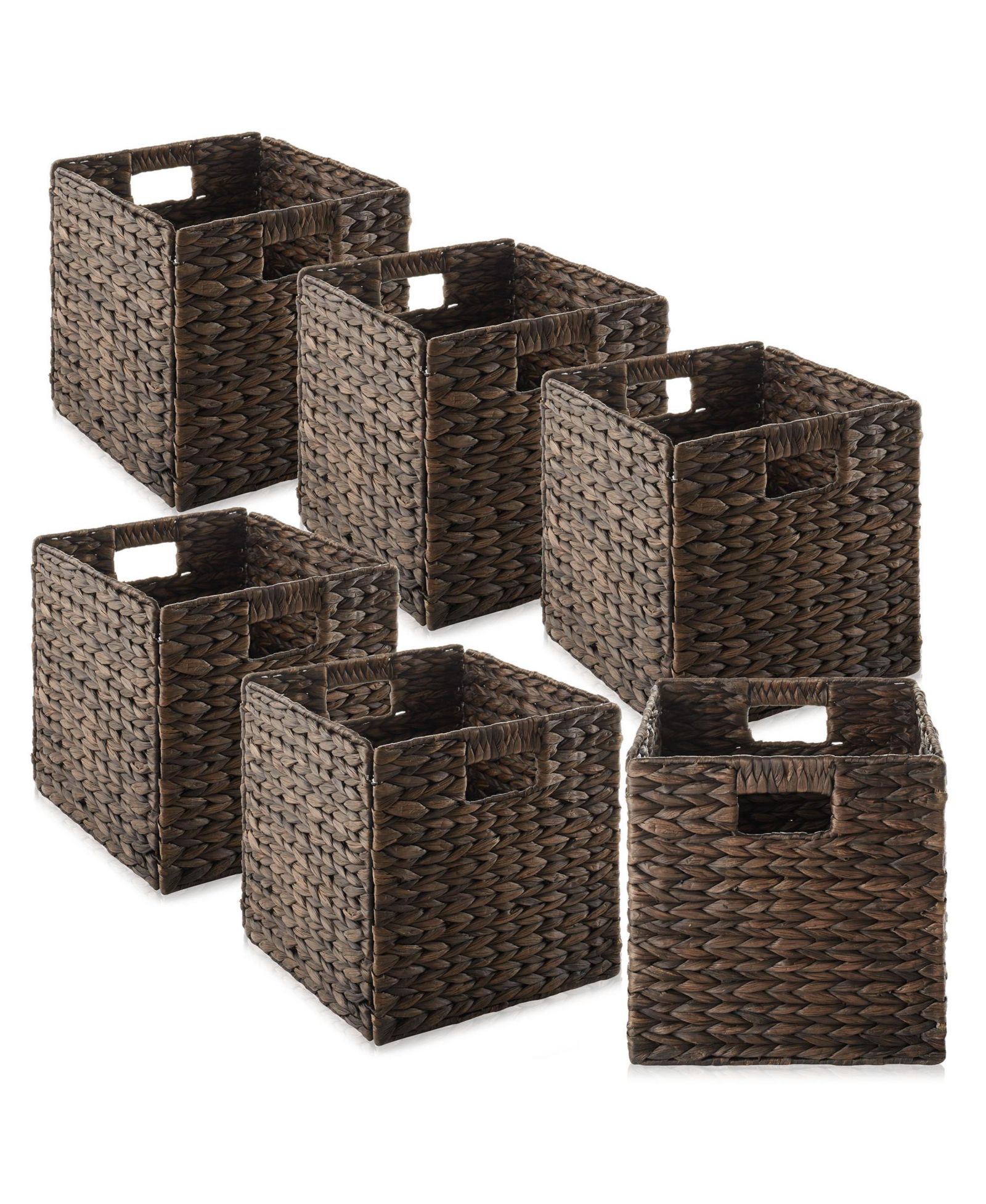 Casafield Water Hyacinth Storage Baskets - Set of 6 Collapsible 10.5" Cube Organizers, Woven Bins for Home Storage, Espresso