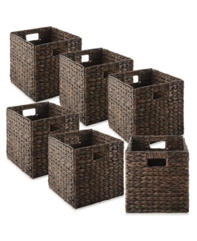 Casafield Water Hyacinth Storage Baskets - Set of 6 Collapsible 10.5" Cube Organizers, Woven Bins for Home Storage, Espresso