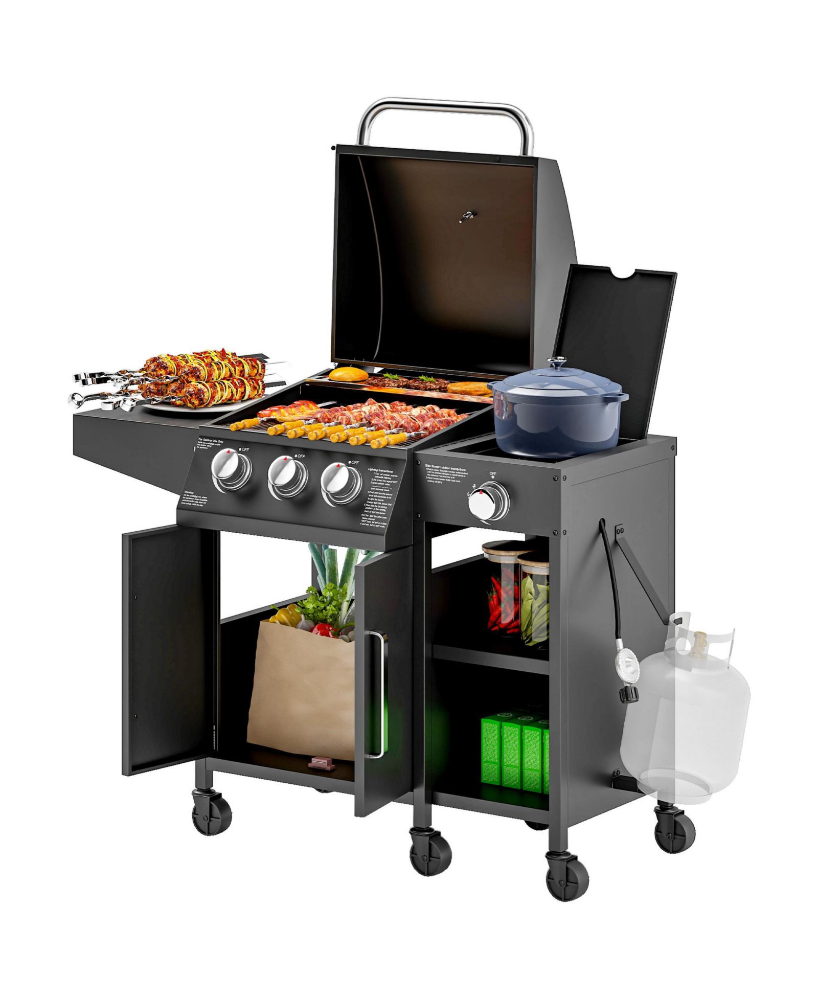 Газовый гриль Outsunny на 3 конфорки с боковой конфоркой и полками, пропановый гриль BBQ