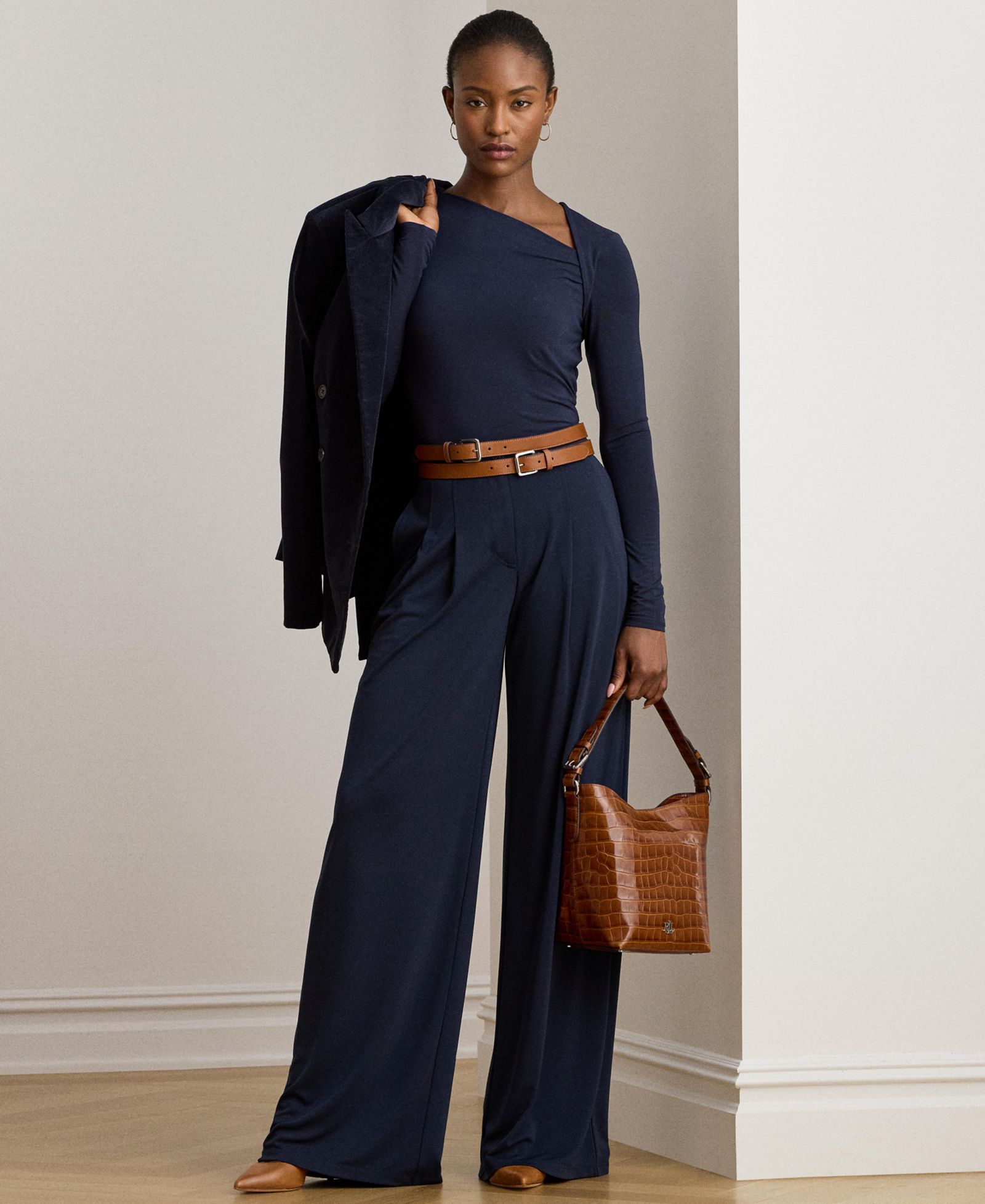 Lauren Ralph Lauren Women's Pleated Stretch Jersey Wide-Leg Pants