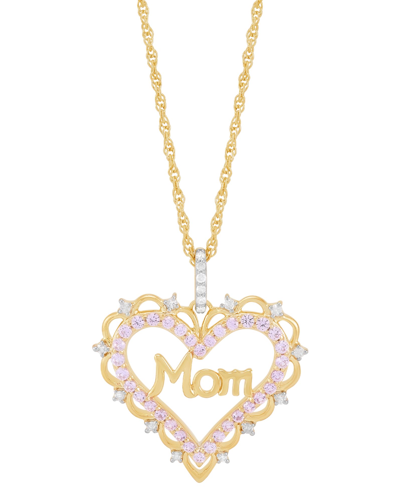 Подвеска Mom Heart с розовым сапфиром и бриллиантом в 14k Yellow Gold-Plated Sterling Silver, 16" + 2" extender