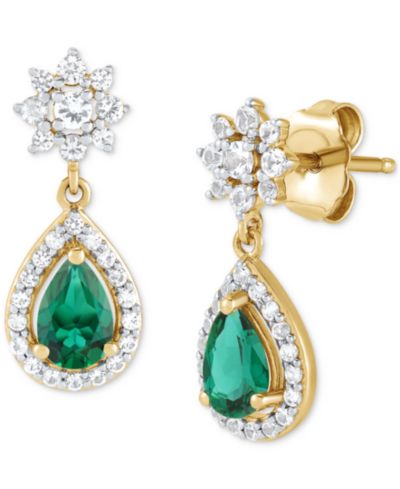 Серьги-подвески с лабораторным изумрудом (5/8 ct. t.w.) и лабораторным белым сапфиром (1/2 ct. t.w.), форма груша и кластер
