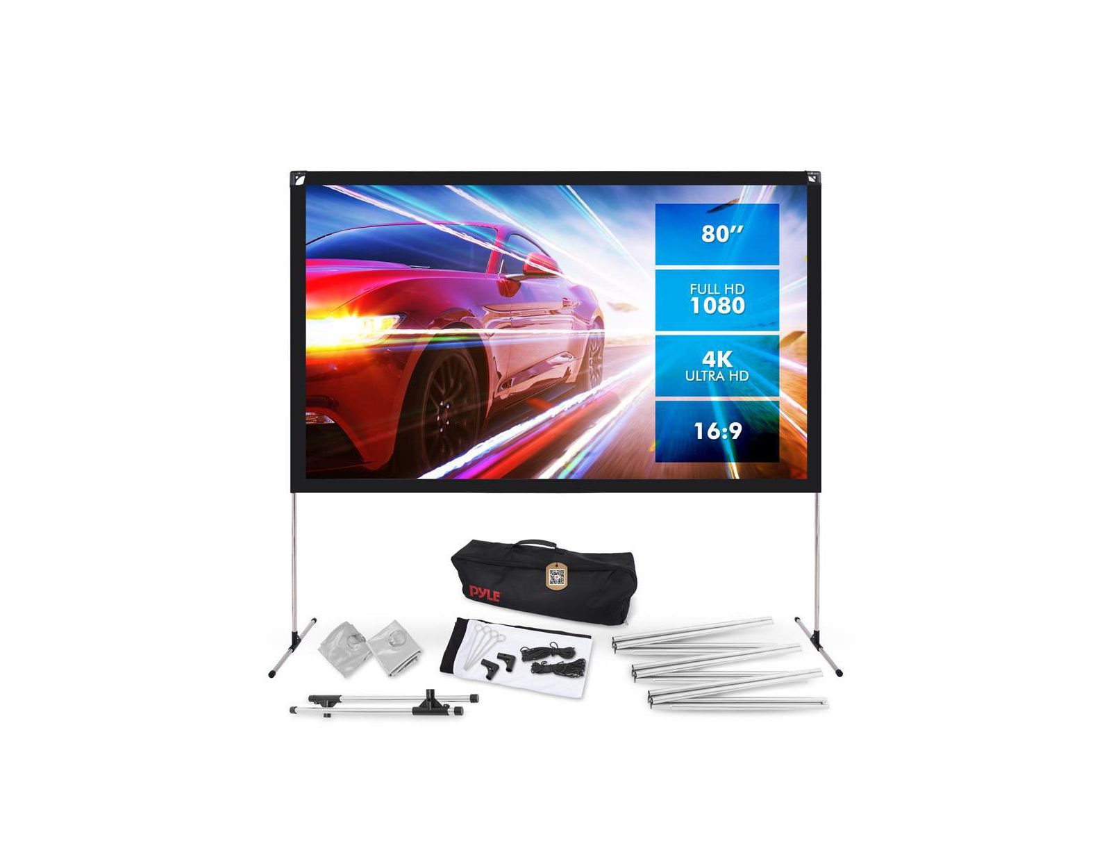 Переносной экран для проектора Pyle 80" Outdoor Projection Screen – Lightweight Frame Stand, HD 16:9 Display