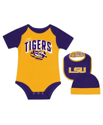 Outerstuff Baby Boys and Girls LSU Tigers Dynamic Duo Bodysuit, Bib and Cuffed Knit Hat Set