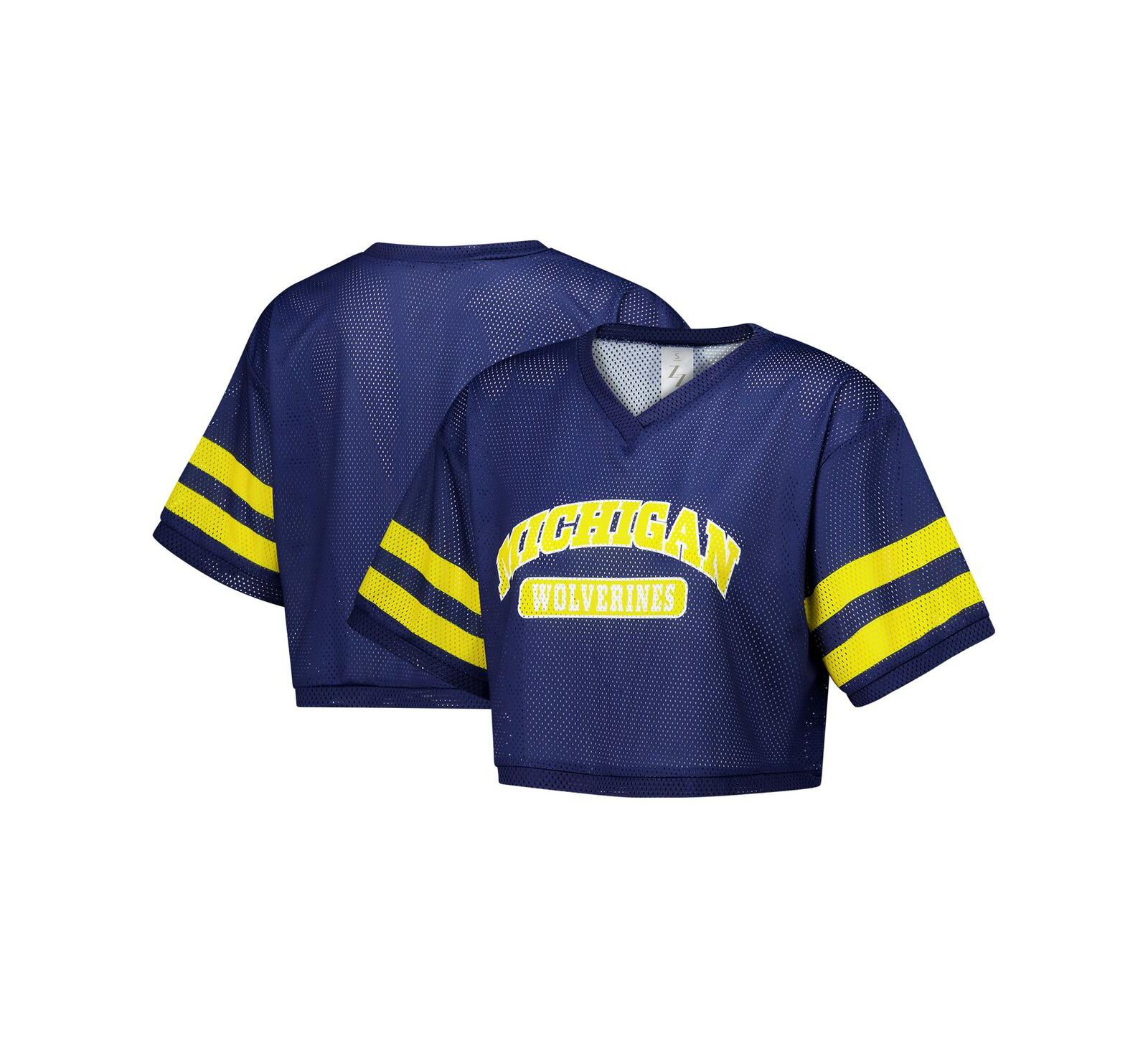 ZooZatz Women's Navy Michigan Wolverines Mesh Cropped V-Neck T-Shirt