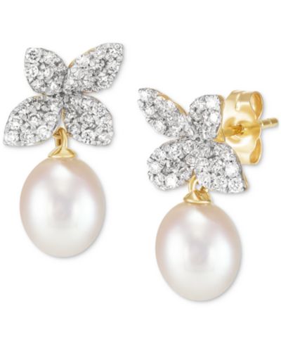 Grown With Love Cultured Freshwater Oval Pearl (6 - 6-1/2mm) & Lab Grown Diamond (1/2 ct. t.w.) Floral Drop Earrings in 14k Gold
