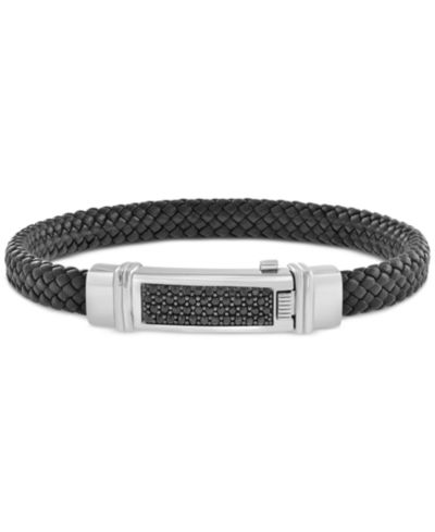 EFFY® Men's Black Spinel Pavé Woven Black Leather Bracelet (3/4 ct. t.w.) in Sterling Silver