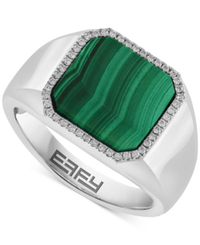 EFFY® Men's Malachite & Diamond (1/6 ct. t.w.) Halo Ring in Sterling Silver