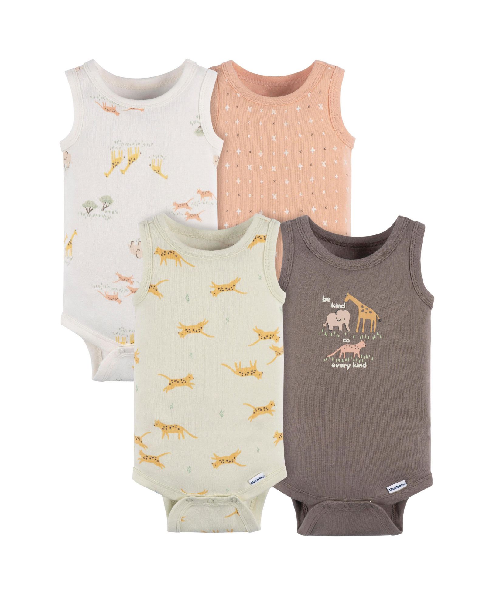 Gerber Baby Boys Neutral Ivory Safari Sleeveless 4-Pack Onesies Bodysuits