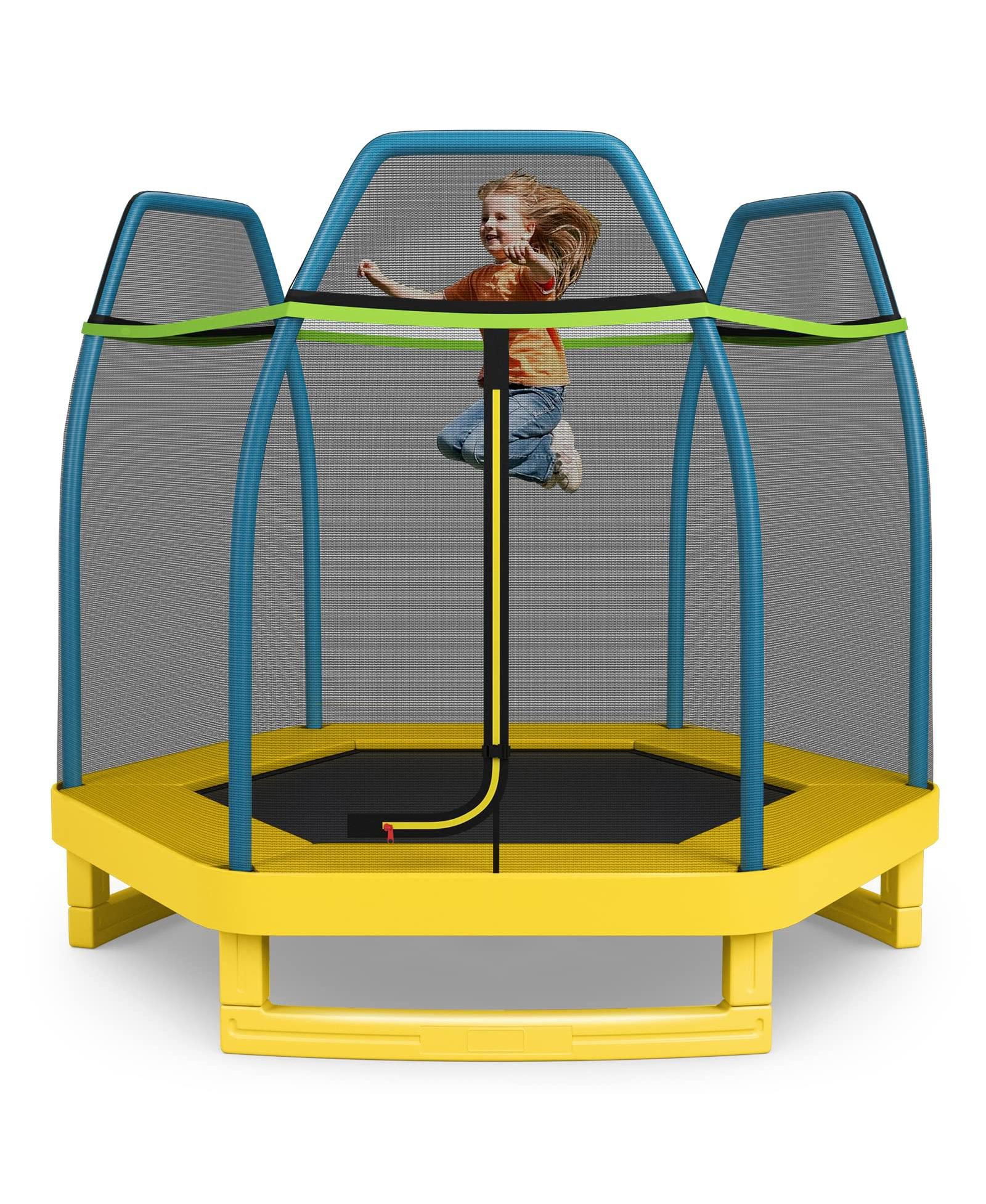 KUYOTQ 7ft Kids Trampoline with Safety Net, Heavy Duty Steel Frame, Indoor/Outdoor Mini Trampoline for Ages 3-8