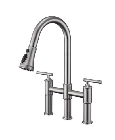 Boyel Living 23.6" Bridge Kitchen Faucet with Pull Down Sprayer Bridge Faucet 3 Holes Double Handle Kitchen Faucet Brass Kitchen Faucets