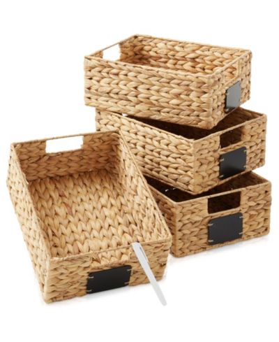 Casafield (Set of 4) Water Hyacinth 10"x13"x5" Pantry Baskets w/ Chalkboard Labels and Marker - Natural, Woven Storage Bins for Kitchen Shelves