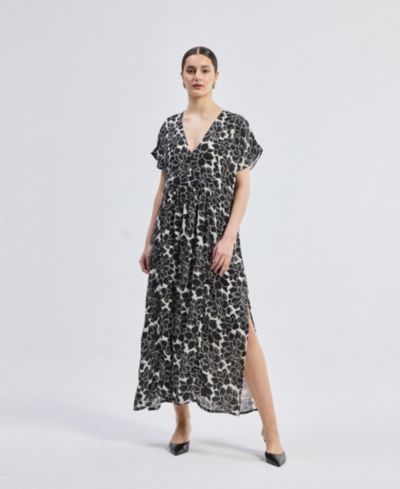 Reistor Women's Deep V-neck Maxi Dress with Front Gathers in Black Florals