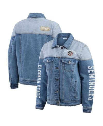 WEAR by Erin Andrews Women's Denim Florida State Seminoles Sleeve Hit Color Block Button-Down Denim Jacket