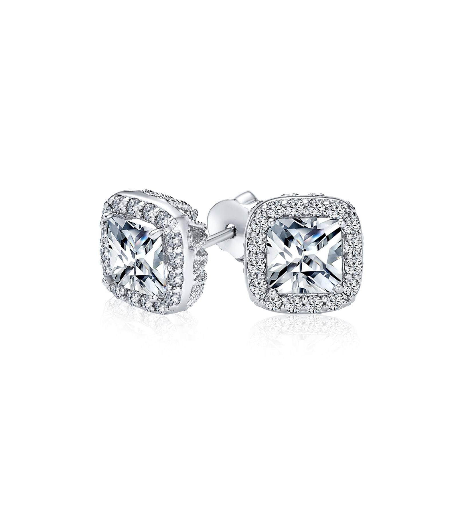Bling Jewelry Elegant Asscher Cut CZ Solitaire Stud Earrings Pave Halo Silver Plated