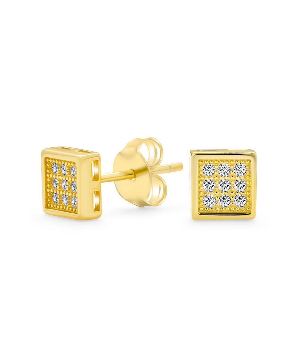 Bling Jewelry Geometric Square CZ Stud Earrings for Men Gold Plated Sterling Silver 8MM