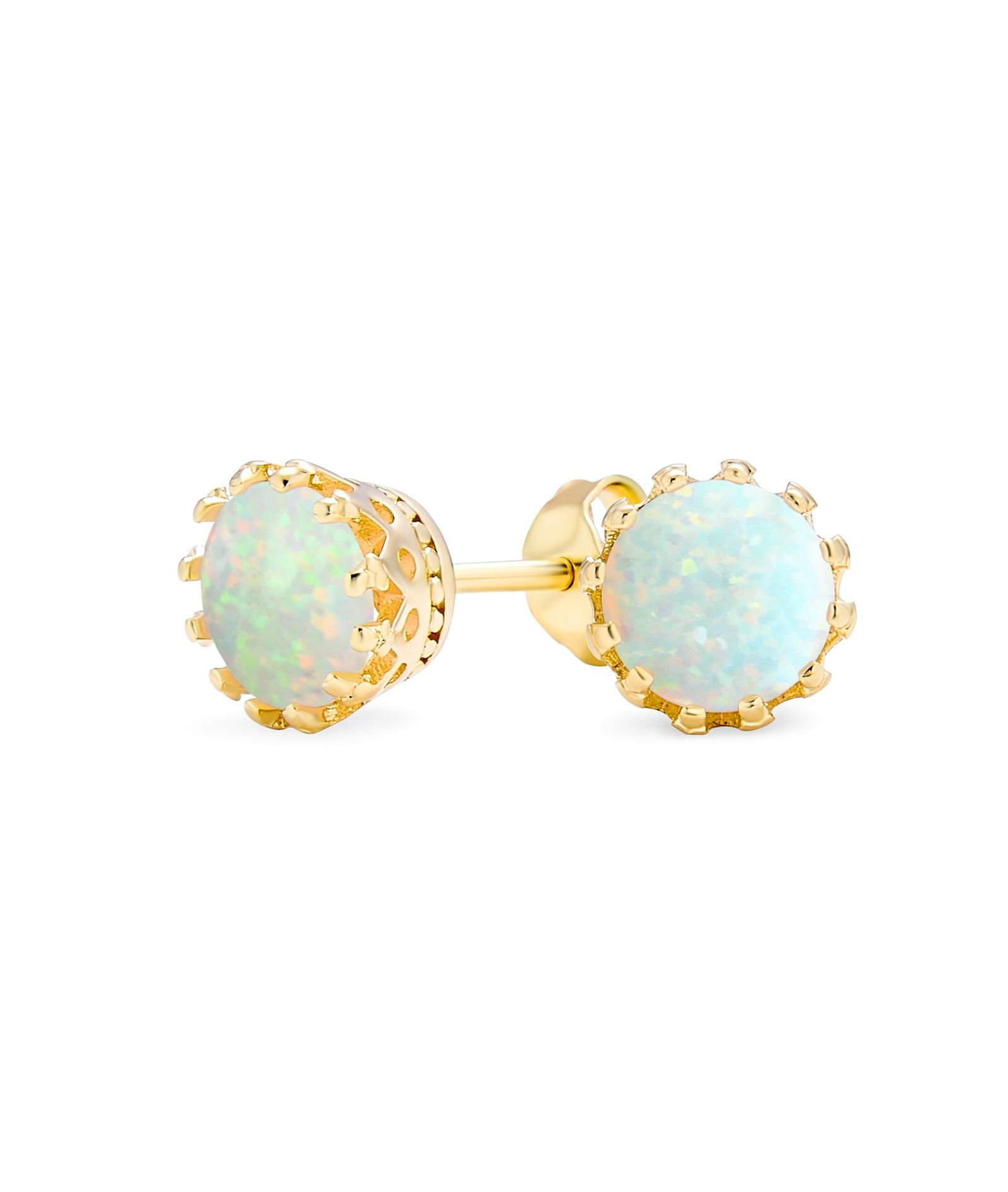 Bling Jewelry White Created Opal Crown Stud Earrings Gold Plated Sterling Silver 6MM