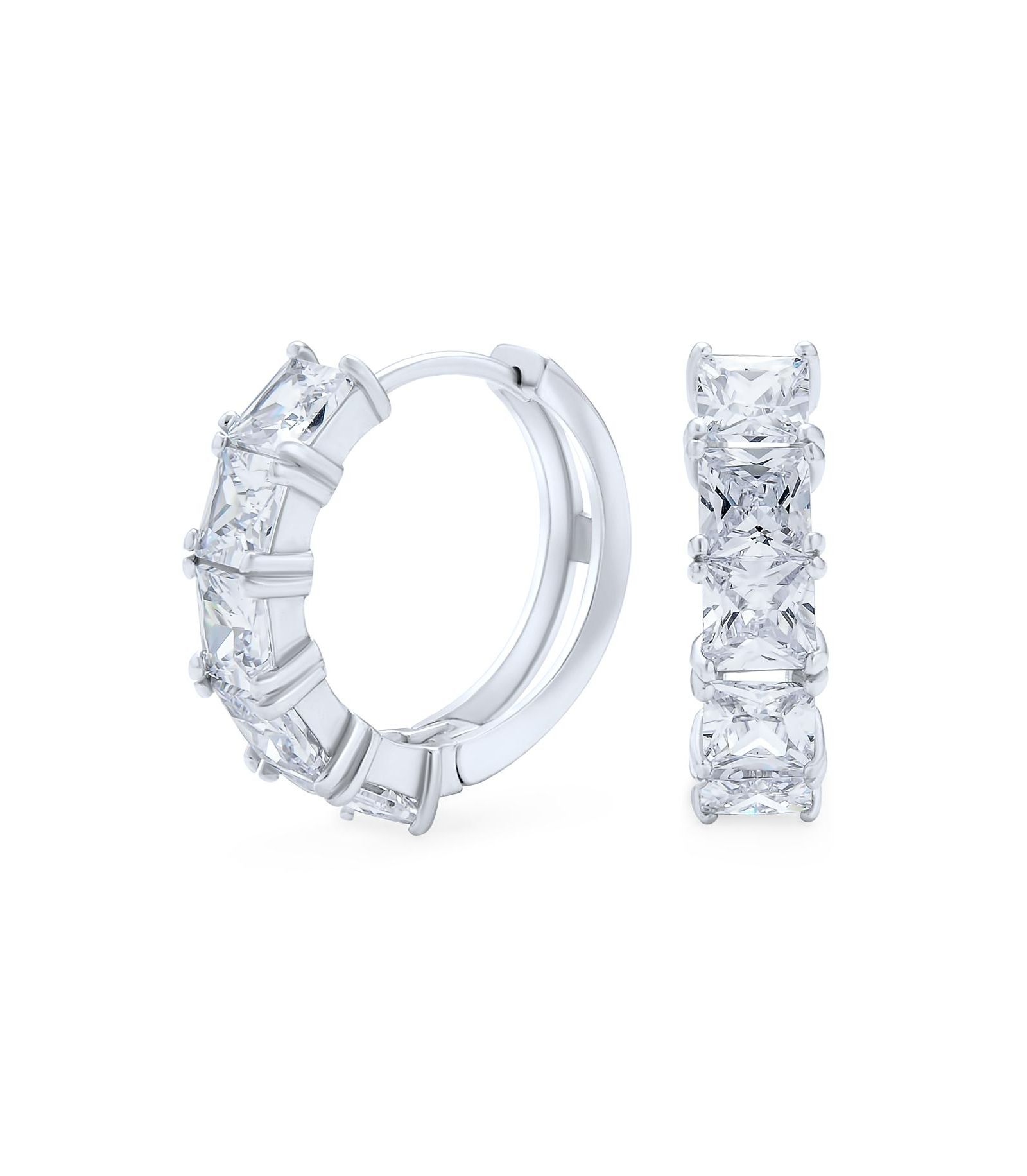 Bling Jewelry Elegant Classic Princess Cut CZ Huggie Hoop Earrings .925 Sterling Silver