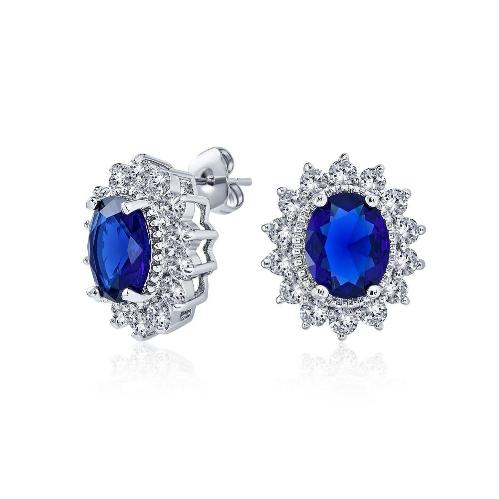 Bling Jewelry Серебряные серьги-гвоздики овальной формы с синим фианитом в стиле винтажной короны, позолоченные