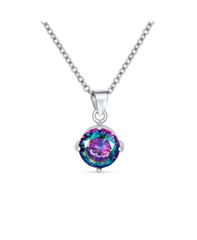 Bling Jewelry Round Black Mystic Rainbow Solitaire Pendant Necklace .925 Sterling Silver