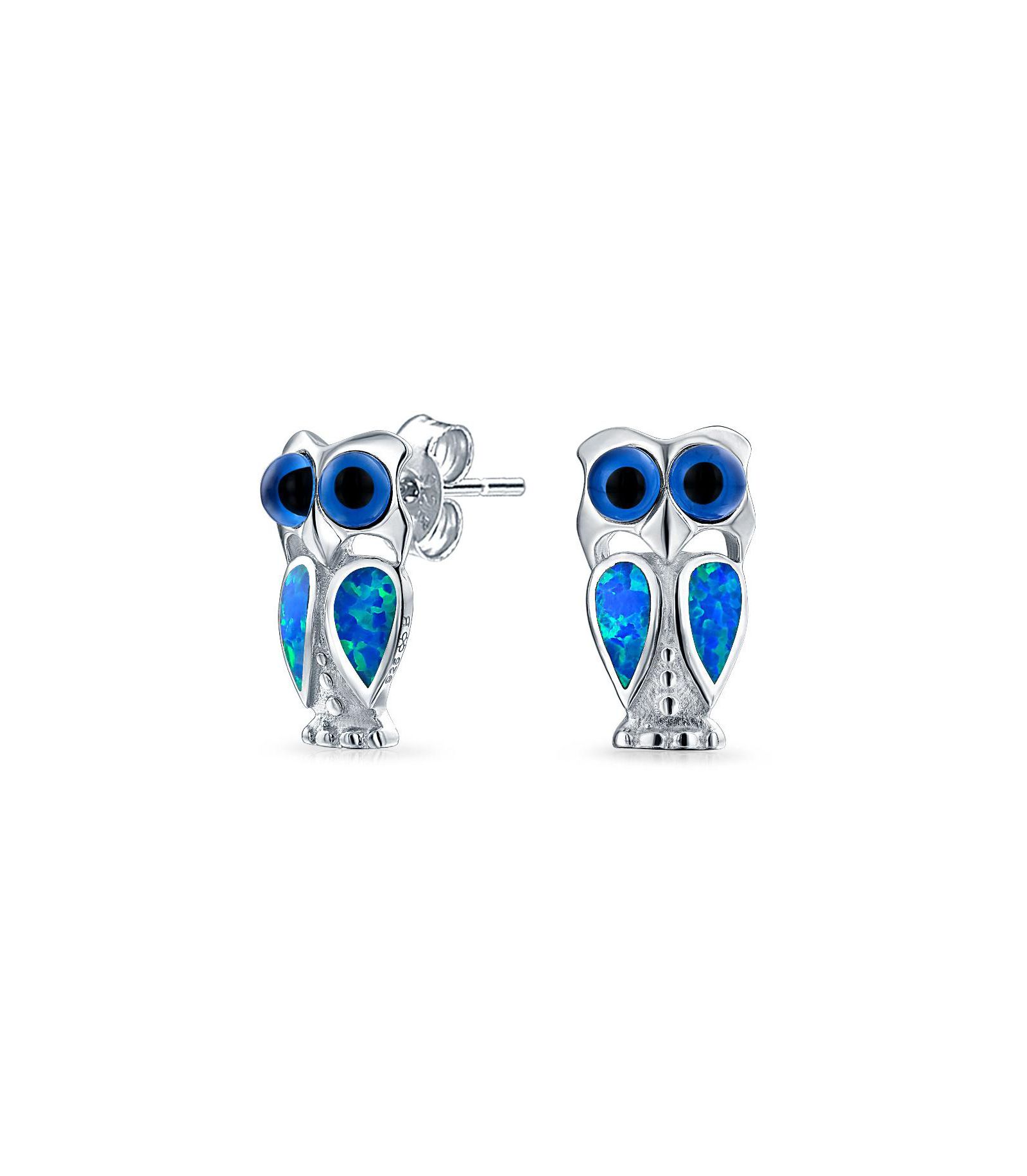 Bling Jewelry Opalescent Created Blue Opal Wise Owl Stud Earrings .925 Sterling Silver