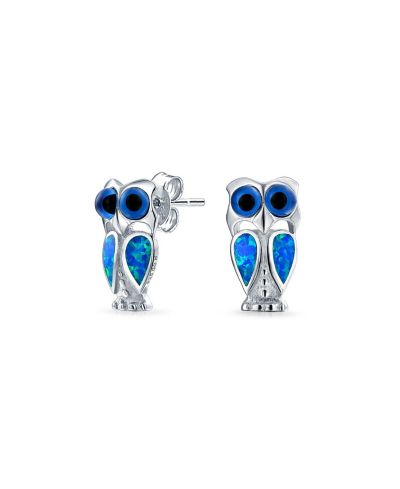 Bling Jewelry Opalescent Created Blue Opal Wise Owl Stud Earrings .925 Sterling Silver