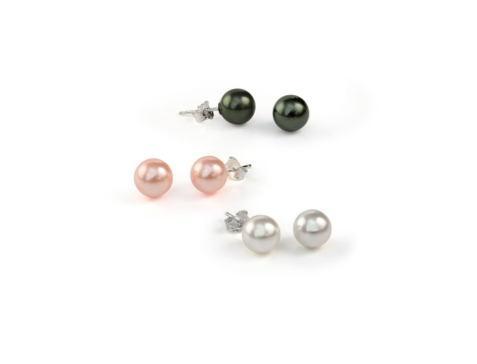 Bling Jewelry Набор из 3 пар сережек-гвоздиков с шариками из искусственного жемчуга черного, розового и белого цветов на штифте из стерлингового серебра