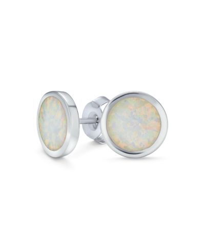 Bling Jewelry Created White Opal Round Stud Earrings Bezel Set .925 Sterling Silver 9MM