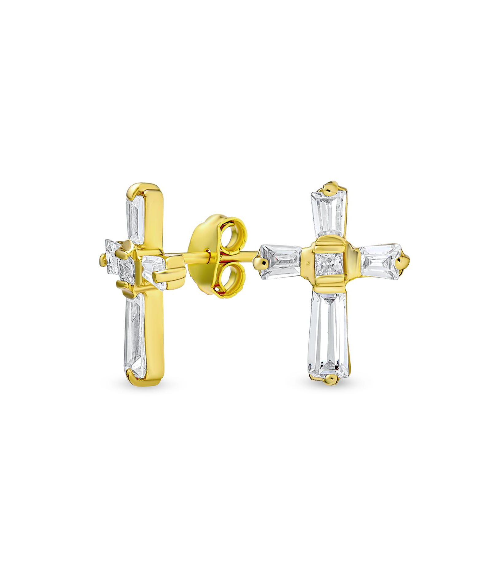 Bling Jewelry Small Religious Baguette CZ Cross Stud Earrings Gold Plated Sterling Silver