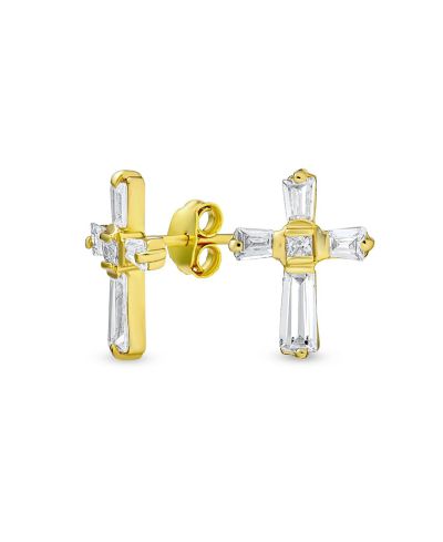 Bling Jewelry Small Religious Baguette CZ Cross Stud Earrings Gold Plated Sterling Silver