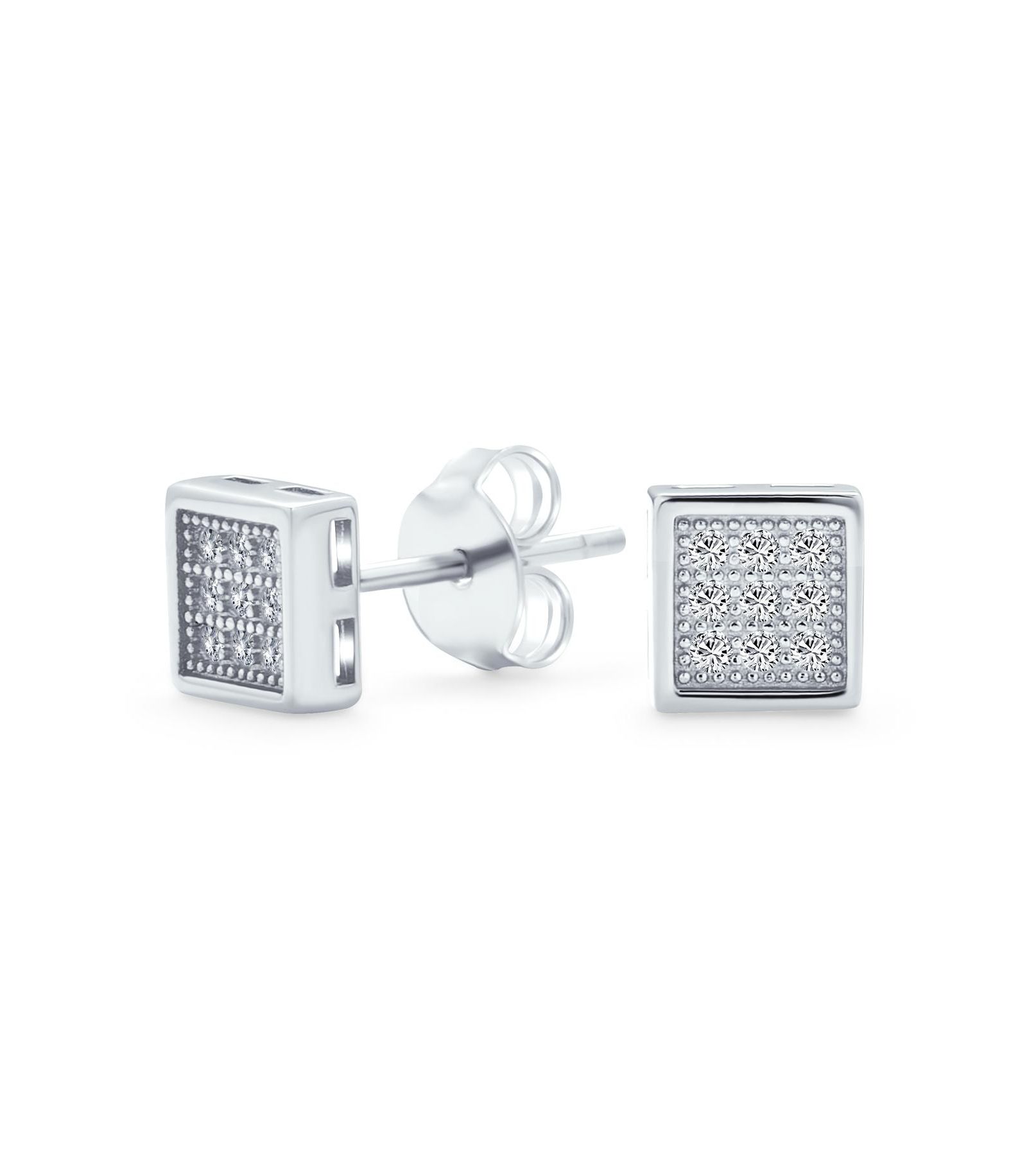 Bling Jewelry Geometric Square CZ Stud Earrings for Men Gold Plated Sterling Silver 8MM