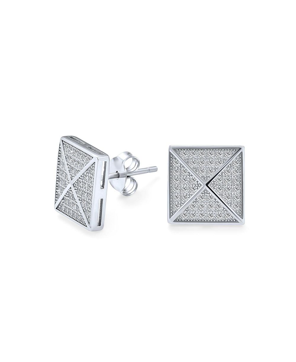 Серьги-гвоздики Bling Jewelry .925 Sterling Silver Micro Pave CZ Square Geometric Pyramid, родированное