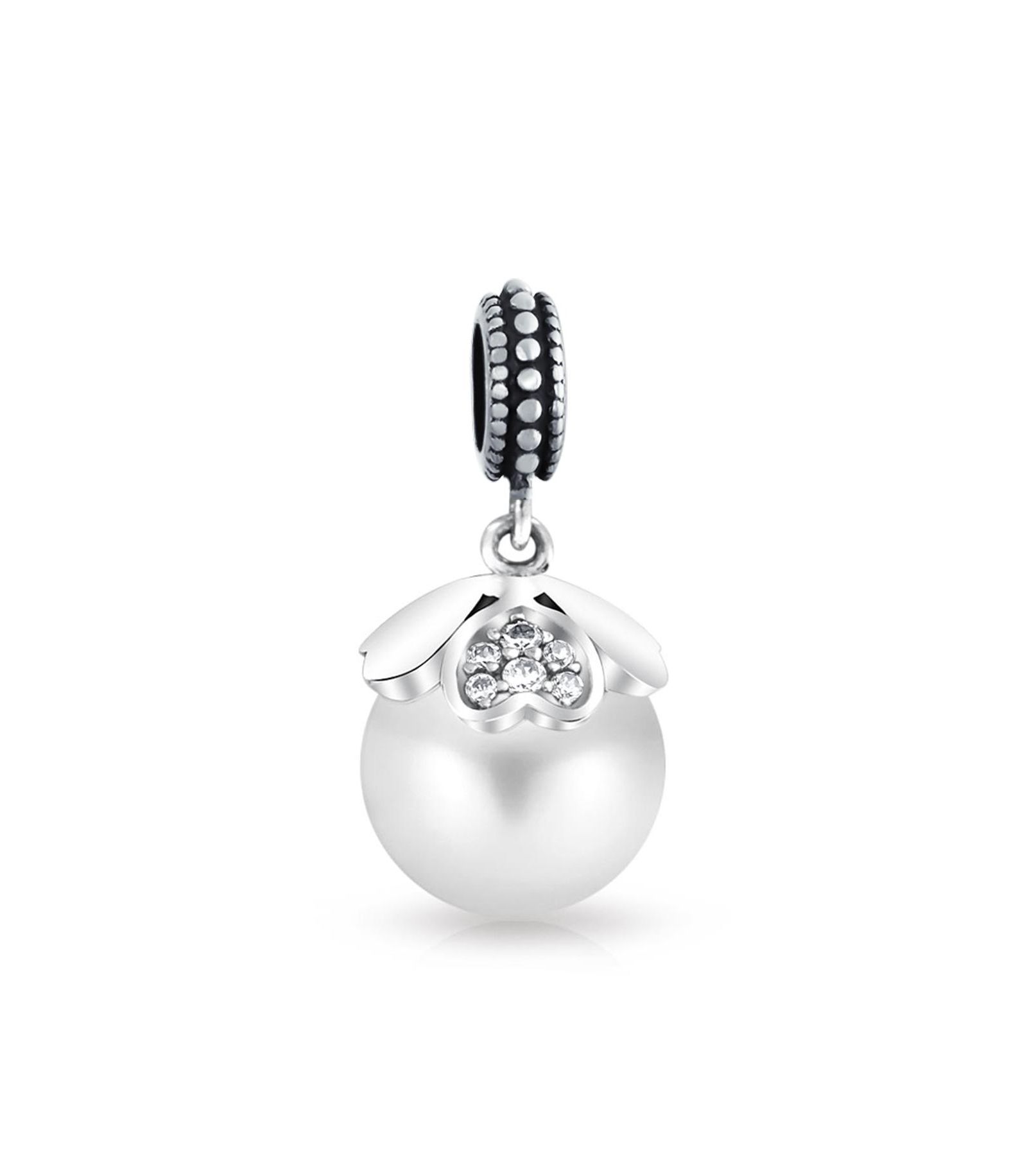 Bling Jewelry Vintage White Pearl Dangle Charm Bead for Bracelet .925 Sterling Silver