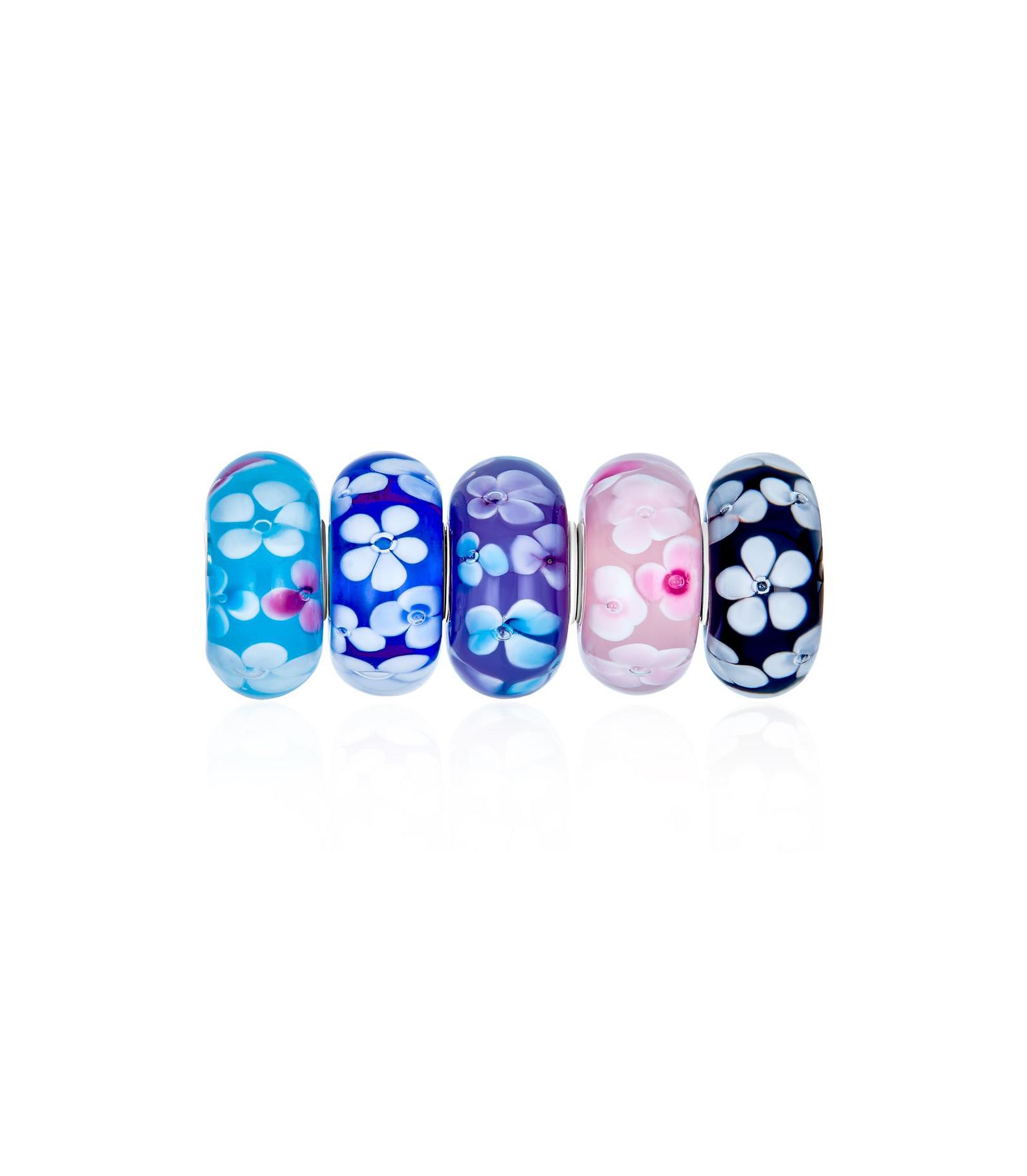 Bling Jewelry Sterling Silver Romantic Mixed Aqua Blue Black Pink Lilac Floral Flower Glass Charm Bead (5-Pc Set)
