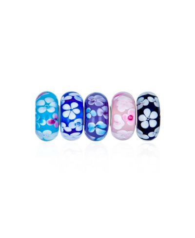 Bling Jewelry Sterling Silver Romantic Mixed Aqua Blue Black Pink Lilac Floral Flower Glass Charm Bead (5-Pc Set)