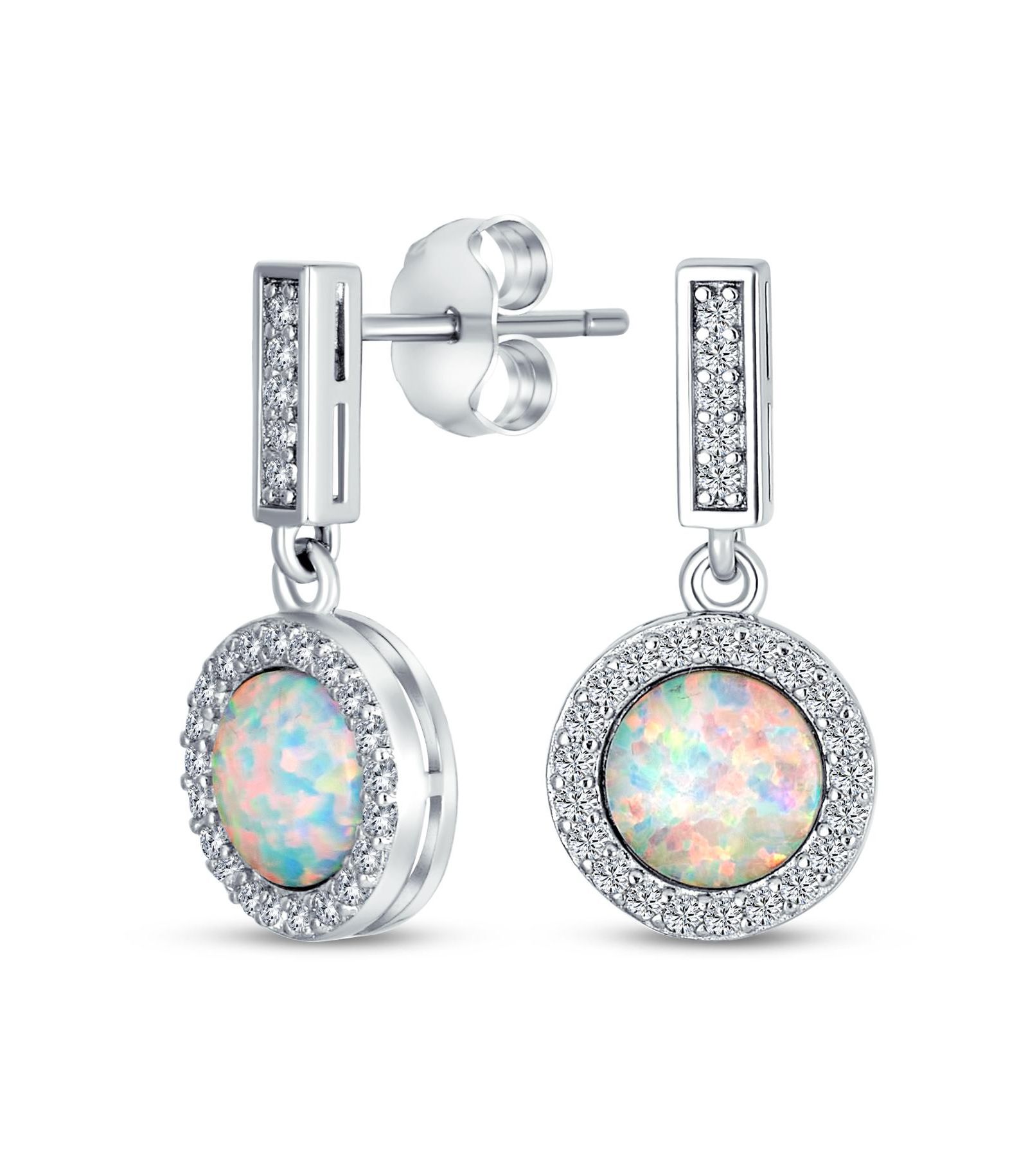 Bling Jewelry Vintage Style CZ Halo Created White Opal Drop Earrings .925 Sterling Silver