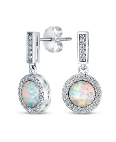 Bling Jewelry Vintage Style CZ Halo Created White Opal Drop Earrings .925 Sterling Silver