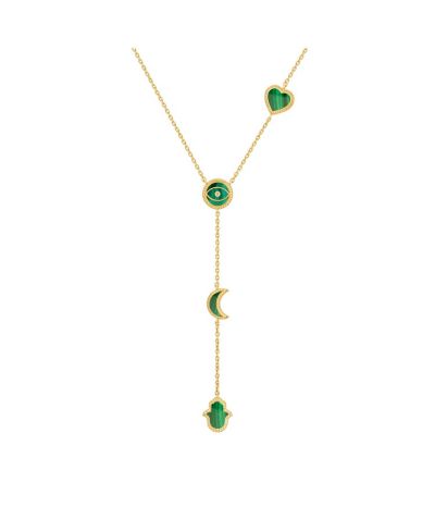 Karma and Luck Malachite Multi-Symbol Gold Lariat Necklace